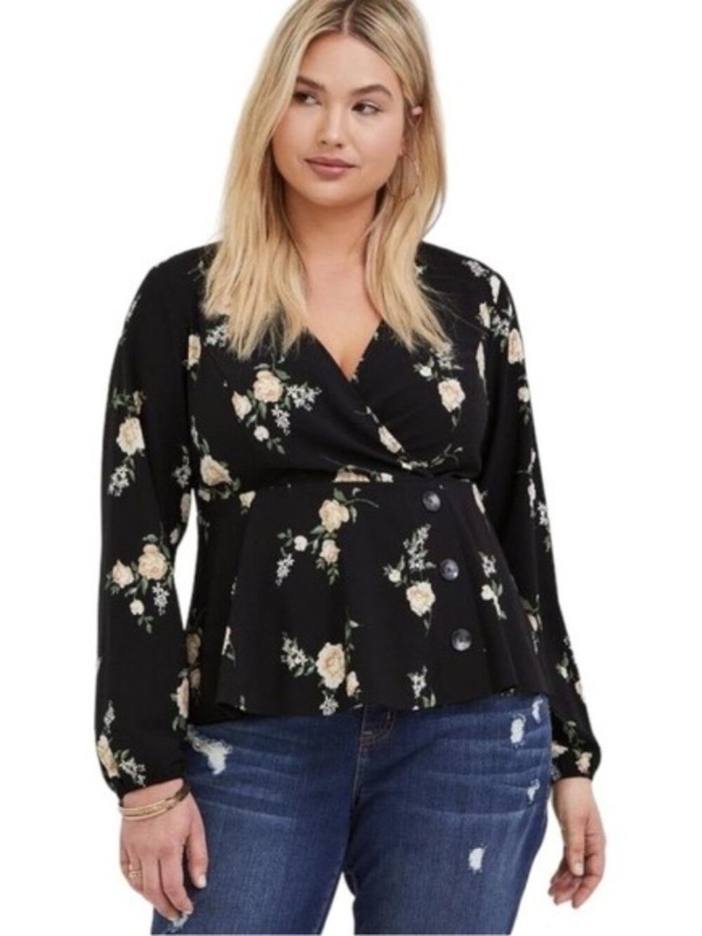 TORRID Black Floral Surplice Peplum Blouse. Plus Size 2
